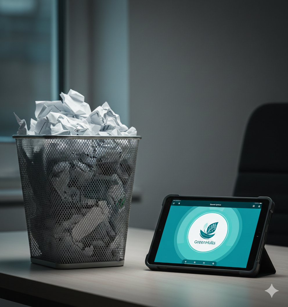 Tablet displaying GreenHulls SOMS next to a bin of discarded paper forms