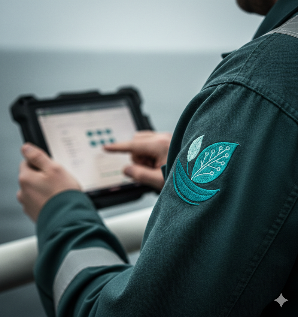 Crew member using GreenHulls SOMS on a rugged tablet at sea